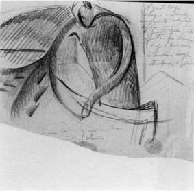 Disegno, 1921, mm 194 x 152 .  Valori geometrici nel movimento di una stiratrice.
