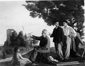 La scuola del pittore, 1927-28, olio su tela, mm 1200 x 840.  Rimane solo una parte.  (CLICCARE QUI PER VEDERLA)